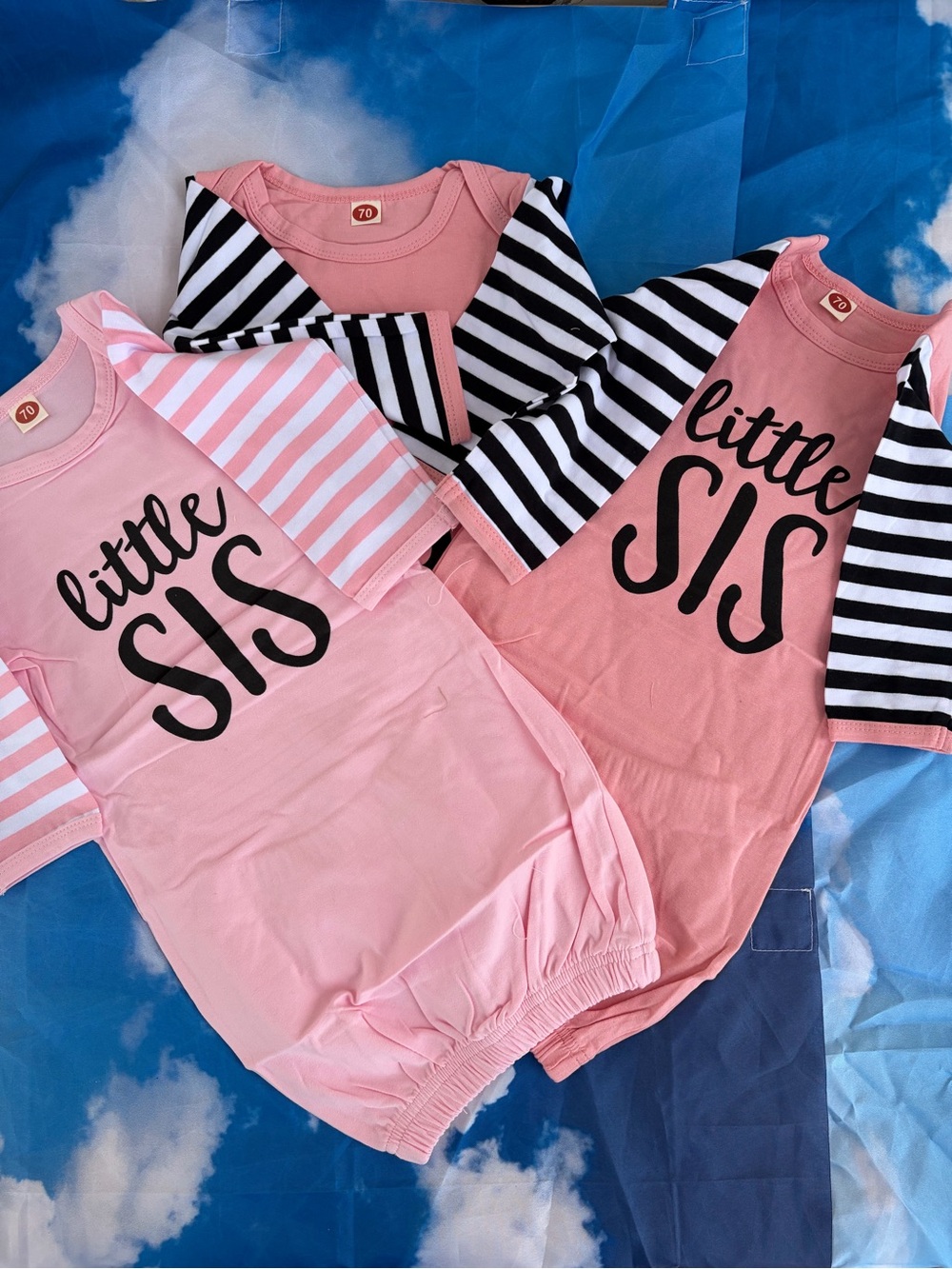 Kids Pink "Little Sis" Gown Pajamas with Striped Sleeves 6/12 Months